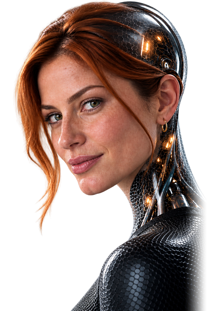 An AI generated portrait of Aria, the team's AI assistant, pictured as an android