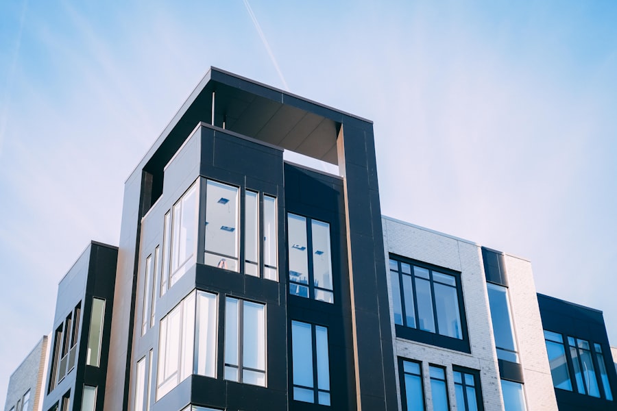 A modern apartment building facade against the sky